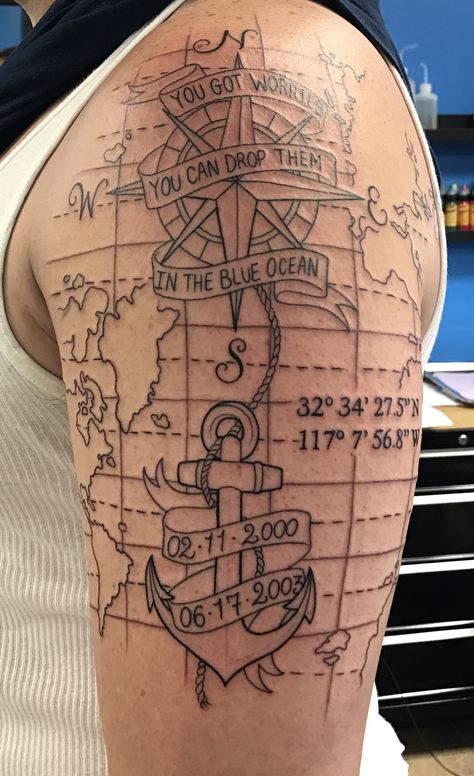 Compass, anchor, map, coordinates tattoo Nautical Chart Tattoo, Shellback Tattoo, Coordinate Tattoos, Bill Tattoo, Compas Tattoo, Ship Tattoos, Map Tattoo, Coordinates Tattoo, Map Coordinates