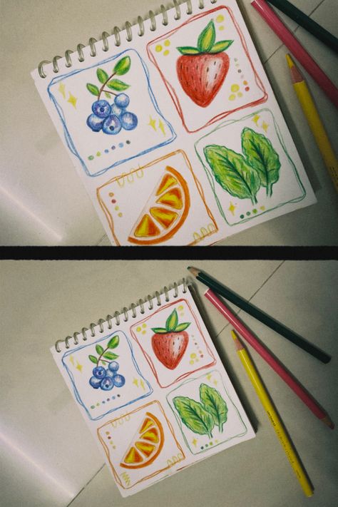 Journaling , art, pencil colours, fruits , still life Coloured Pencil Drawings Easy, Easy Crayon Drawing, Drawing Ideas Fruit, Colour Pencil Drawing Easy, Sketchbook Painting Ideas, Easy Fruit Drawing, 2024 Journaling, Cute Art Ideas, Colour Pencil Art