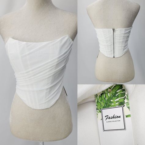 New Womens Small Mesh Bustier Strapless Crop Top Zip Back Boned Overbust Corset Soft Mesh Outer Layer, Fully Lined Interior Layer Zips Up Back, 95% Polyester/8% Elastane, Inner Layer Feels Like Poly/Cotton To The Touch Measurements Taken With Garment Zipped Closed And Laid Flat: Underarm To Underarm 13x2=26" / Peak Above Bust To Bottom 10.5" / Mid Front Neckline To Bottom Front Peak 10.75" / Length Of Back Zipper 8" / Waist 11.5x2=23" Condition: New With Tag White Strapless Corset Top, Sewing Boning, Types Of Corsets, Layered Corset, Over Bust Corset, Corset Top Pattern, Bustier Pattern, Boning Corset, Fashion Trend Book