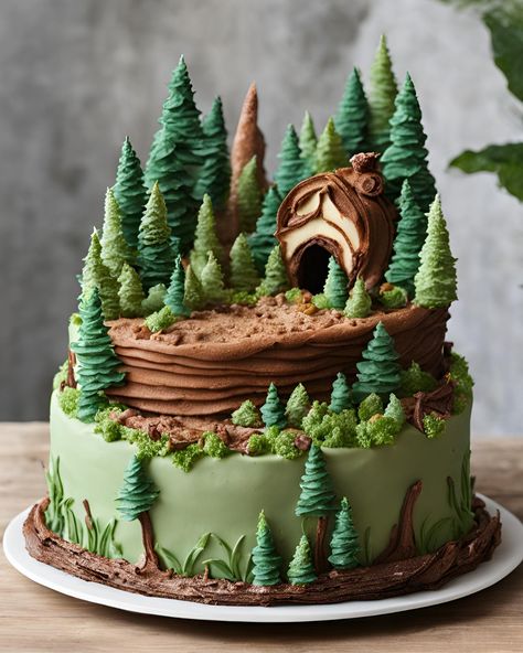 Forest Cake (Rating From 0 to 10) 😁 Nature Theme Birthday Cake, Woodland Forest Cake, Winter Forest Cake, Forest Cake Woodland, Forest Theme Cupcakes, Woodland Cake Ideas, Tree Cake Ideas, Nature Birthday Cake, Forest Cake Ideas