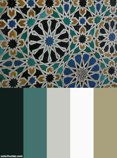 Alhambra+Tiles+15+Color+Scheme Alhambra Tiles, Moroccan Color Palette, Arabian Pattern, Arabic Colors, Moroccan Colors, Color Palette Interior Design, Islamic Geometry, Moroccan Inspiration, Islamic Patterns