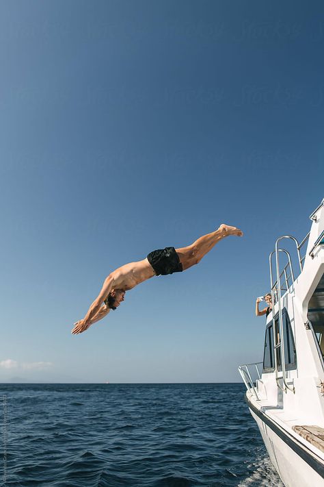 "Man Jumping To The Water." by Stocksy Contributor "Alexander Grabchilev" - Stocksy People Jumping Into Water, Jumping Into Pool, Jump Into Water, Jumping Into Water, Fake Man, Jumping In The Pool, Man Jumping, Men Swimming, Fake Ft Call