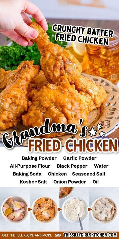 With a puffy but crispy coating, this Grandma’s Fried Chicken is super tasty, easy, and a family favorite dinner time meal that you won’t be able to resist. Still using your regular Fried Chicken method, it just contains a few different ingredients that makes the outside puffy which is super different but oh so tasty. Louisiana Chicken Fry Batter Recipe, Fried Chicken Legs Recipe Easy, Ina Garten Fried Chicken, Crispy Fried Chicken Recipe Easy, Fried Chicken No Buttermilk, Fried Chicken Batter Recipe Crispy, Fried Chicken Recipes Crispy, Easy Fried Chicken Recipe Simple, Crisco Fried Chicken