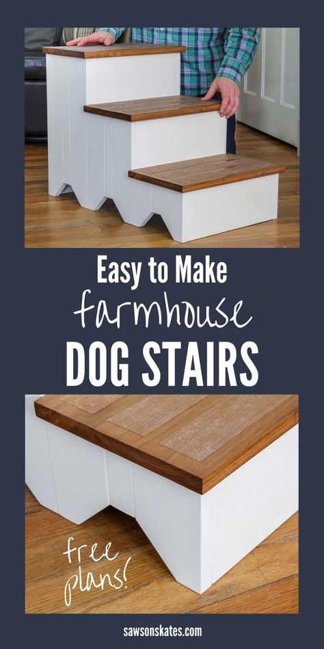 These DIY dog stairs are perfect for an aging pooch with joint problems or a small pup who needs an extra boost onto a couch or bed. The sides of the stairs have a simple, stepped design that gives this piece a subtle farmhouse feel. It’s an easy project to make with just a few basic tools. #sawsonskates Diy Dog Ladder For Bed, Wooden Dog Stairs, How To Build Dog Stairs, Diy Doggie Steps, Pet Steps Diy, Dog Stairs For Bed Diy How To Build, Dog Stairs For Bed Diy, Dog Steps For Bed Diy, Diy Dog Steps For Bed