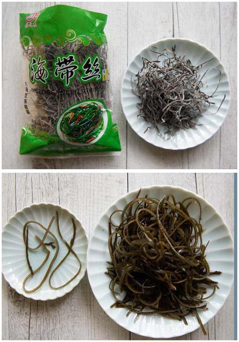 Chinese dried shredded kelp, showing before and after rehydrated. Chinese Grocery Store, Japanese Potato Salad, Japanese Potato, Ginger Pork, Japanese Grocery, Side Dishes For Chicken, Healthy Side Dish, Warm Salad, Healthy Side