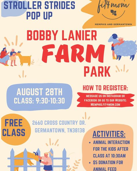 We have our first FREE popup Stroller Strides class this Wednesday at the Bobby Lanier Farm Park! After class the kids can have some fun interaction with the animals. Please bring $5 class donation to help aid in the animal care! Stroller Strides, 5th Class, Class Activities, Animal Care, The Animals, Have Some Fun, The Kids, Pet Care, Some Fun