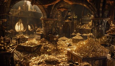 Chest Of Gold Coins, Treasure Concept Art, Gold Coins Aesthetic, Treasury Room, Dnd Knight, Sigil Making, Pile Of Gold Coins, Ancient Serpent, Treasure Room