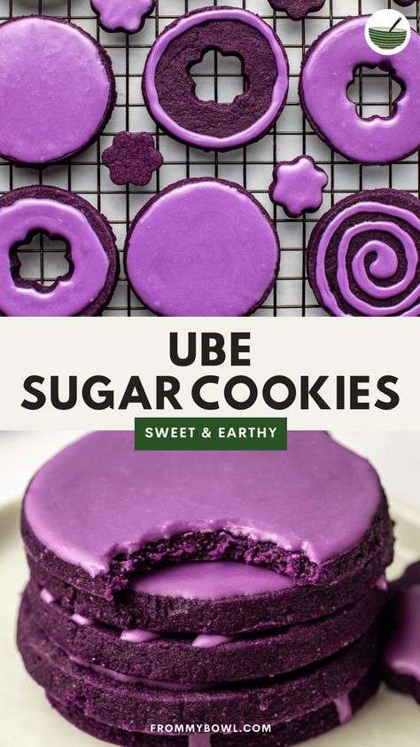 These bright and fun Ube Sugar Cookies are an ode to Filipino cuisine and the beautiful yam, ube. They're sweet, earthy, and made from just 6 plant-based ingredients! Vegan. Ube Dessert Recipe, Ube Extract, Ube Recipes, Filipino Food Dessert, Filipino Cuisine, Filipino Desserts, Cookie Bars, Recipe Box, Monster Cookies