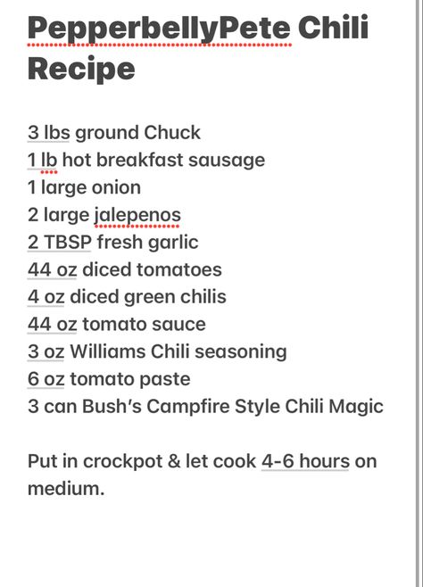 Chili Recipe Beans, Pepperbellypete Recipes, Pepperbellypete Chili, Best Texas Chili Recipe, Pepper Belly Pete Chili, Copycat Wendy’s Chili Recipe, Chili Magic, Pepper Belly Pete, Culver’s Chili Recipe