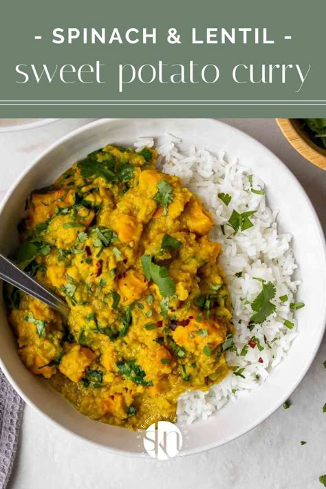 Filled with coconut milk, red lentils, and spinach, this one-pot sweet potato curry recipe is easy to make and full of flavor. Lentil Sweet Potato Curry, Kay Nutrition, Lentil Sweet Potato, Sweet Potato Lentil Curry, Healthy Curry Recipe, Lentil Curry Recipes, One Pot Vegetarian, Dinner Favorites, Healthy Entrees