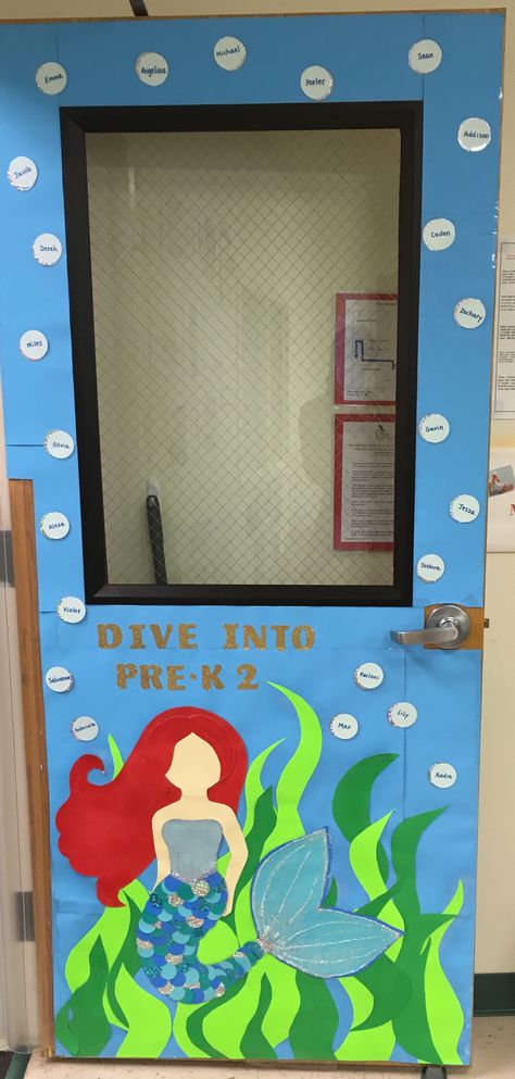 Summer Classroom Door: under the sea/mermaid Mermaid Classroom Door, Mermaid Classroom, Mermaid Bulletin Board Ideas, Mermaid Door Decorations, Mermaid Classroom Theme, Under The Sea Door Decor, Little Mermaid Classroom Theme, Under The Sea Door Decorations Classroom, Under The Sea Door Decorations