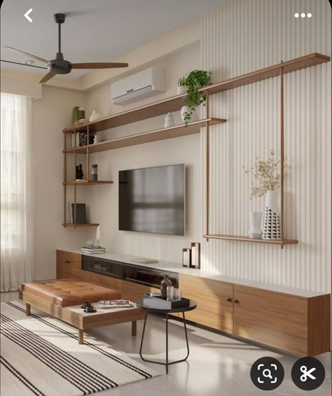 Tiled Tv Unit, Japandi Style Tv Unit, Tv Wall Ideas Living Room Floating Shelves, Tv Wall With Windows, Wood Behind Tv On Wall, Tv Wall Shelves Design, Storage Living Room Ideas, Boho Living Room Tv Wall, Boho Tv Wall