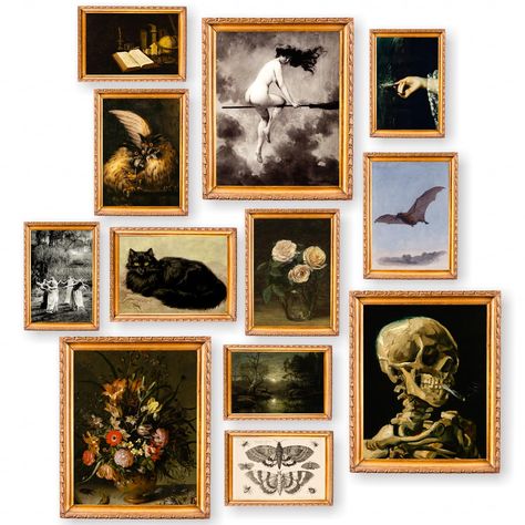 PRICES MAY VARY. 𝐏𝐫𝐞𝐭𝐭𝐲 𝐆𝐢𝐟𝐭: Gothic Home Decor come with some gallery wall art stickers in a sturdy envelope. Which makes a wonderful gift for everyone. 𝐐𝐮𝐚𝐥𝐢𝐭𝐲 𝐆𝐮𝐚𝐫𝐚𝐧𝐭𝐞𝐞𝐝: Each goth poster is printed on a semi thick paper with a rich pearl white tint to them and enhance the details of each image.This aesthetic Halloween decorations for home can compliment various styles from a goth decor home, witchy Halloween wall decor to pagan wall art. 𝐀𝐫𝐭𝐰𝐨𝐫𝐤 𝐌𝐚𝐤𝐞𝐬 ? Home Art Gallery Wall, Spooky Gallery Wall, Victorian Gothic Halloween Decor, Goth Gallery Wall, Witchy Fall Decor, Witchy Bedroom Decor, Spooky House Decor, Witchy Halloween Decor, Academia Room Decor