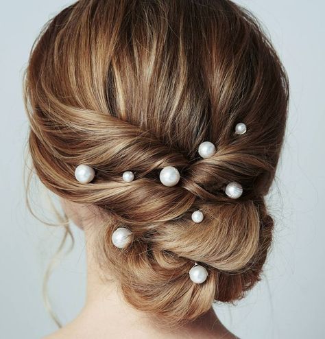 Bridal Updo With Pearl Pins, Braids Long Hair, Elegant Simple Wedding, Updo Ponytail, Stylish Braids, Wedding Hairdo, Bridesmaid Hair Inspo, Bridal Hairpins, Pearl Pins