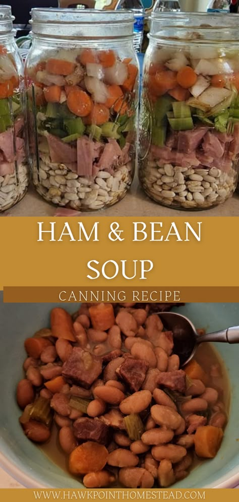 This easy recipe for canning delicious ham and bean soup is a great example of awesome things that you can preserve in jars and have on your shelf ready to eat. This simple recipe is very easy to make, just add ingredients to a jar and put in the pressure canner. It does not require cooking the beans, just some chopping up of the ham and vegetables. It is also a great way to use up that leftover holiday ham! Soups Good For Canning, Canning Navy Bean And Ham Soup, Ham And Bean Soup Canning Recipe, Home Canning Soup Recipes, Canning Granny Recipes, Pressure Canner Recipes Meals, Veggies To Can, Canning Bean Soup, Pressure Canning Beans