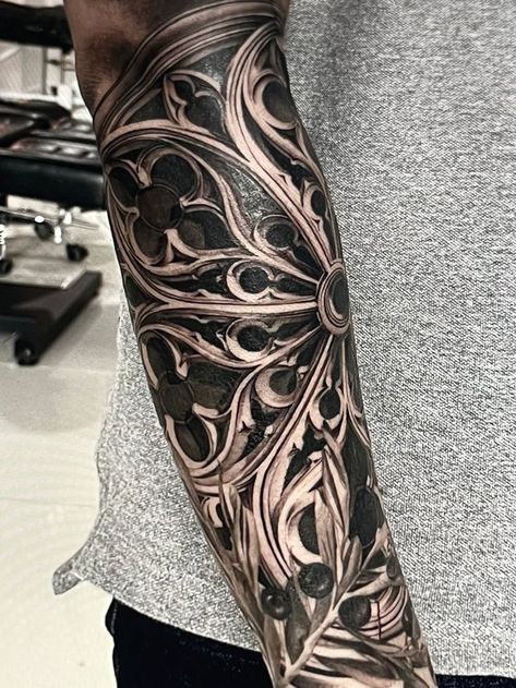 Gothic Pattern Tattoo, Church Window Tattoo Design, Rose Window Tattoo Design, Gothic Sleeve Tattoo, Church Window Tattoo, Cathedral Window Tattoo, Filligree Tattoos, Architectural Tattoo, Gothic Windows Tattoo