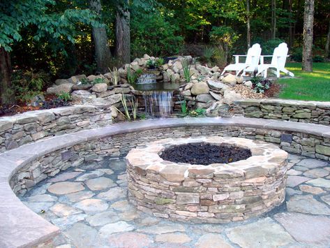 Firepit, Sitting Wall & Waterfall Fire Pit With Water Feature, Wall Waterfall, Sitting Wall, Outdoor Fire Pit Area, Waterfall Wall, Waterfalls Backyard, Stone Bench, Landscape Construction, Fire Pit Area