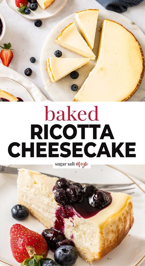 This baked ricotta cheesecake is easy to make and has a lighter flavour than a regular cheesecake. It’s soft, creamy and sweet with the tang of lemon and it’s make ahead friendly, so it’s perfect for a crowd. Amazingly good on it’s own or topped with blueberry sauce and berries, this Italian ricotta cheesecake recipe is made with ricotta and cream cheese, giving it a lighter flavour and texture than your regular cheesecake. It has a pastry base in place of the usual cookie crust. Baked Ricotta Cheesecake, Cheesecake Made With Ricotta Cheese, Easy Ricotta Cheesecake Recipes, Cheesecake With Ricotta And Cream Cheese, Ricotta Cheesecake Recipes, Recipes With Ricotta Cheese, Italian Ricotta Cheesecake, Lemon Ricotta Cheesecake, Italian Cheesecake