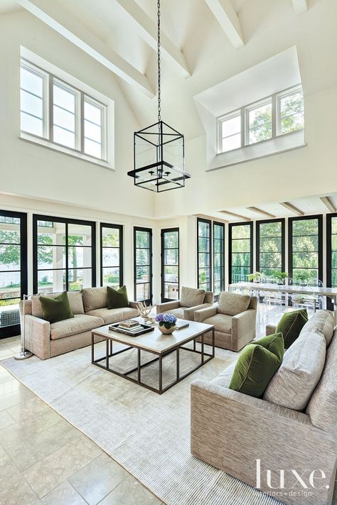 Contemporary White Family Room with High Ceiling | Luxe Interiors + Design White Family Rooms, Luxury Furniture Living Room, Contemporary Ceiling, Luxury Living Room Design, Luxe Interiors, Farmhouse Interior, High Ceilings, Natural Home Decor, Family Room Design