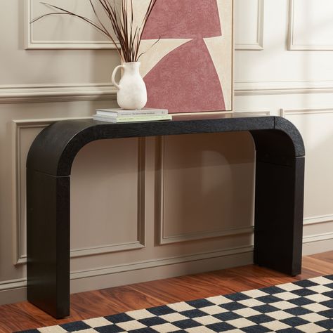 SAFAVIEH Liasonya Curved Console Table - 52" W x 12" D x 31" H - Bed Bath & Beyond - 36978316 Curved Console Table, Sleek Console, Curved Console, Black Console Table, Entrance Table, Wood Console Table, Wood Console, Coffee Table Books, Console Tables