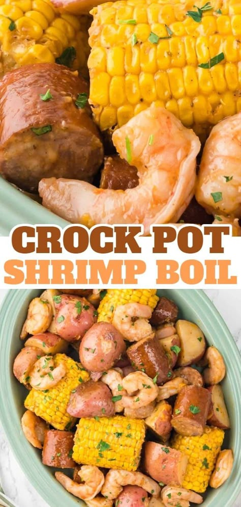 Crock Pot Shrimp Boil is a hearty slow cooker dish loaded with baby red potatoes, corn on the cob, smoked sausage and shrimp. Kielbasa And Shrimp Recipes, Crockpot Recipes Shrimp, Crockpot Shrimp Boil, Smoked Sausage And Shrimp, Crock Pot Shrimp, Crockpot Sausage And Potatoes, Sausage Crockpot Recipes, Summer Slow Cooker Recipes, Sausage Crockpot