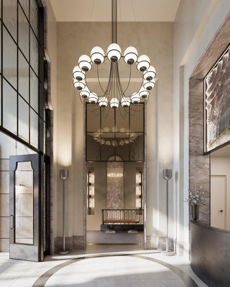 Double Height Lobby, Brick Decor, Private Lounge, Double Height, Entrance Foyer, Art Deco Buildings, Luxury Amenities, Upper East Side, Custom Glass