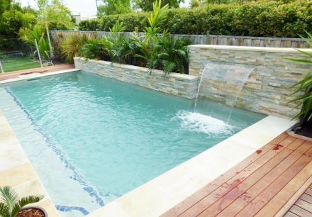 Sheet Flow 3 Rectangle Swimming Pools, Small Swimming Pool, Waterfall Ideas, Inground Pool Designs, Moderne Pools, Cheap Pool, Rectangle Pool, Pool Landscape, Pool Water Features