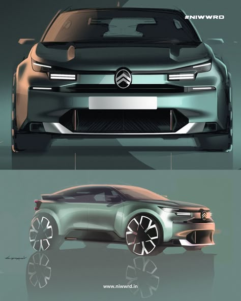 @citroen C4 official design sketches. - Largely inspired by the 2022 OLI concept, the front end incorporates the brand’s new logo, which sits proudly at the centre of a redesigned radiator grille, giving the car a more assertive presence on the road. The bonnet, meanwhile, retains its original lines while adapting to highlight the chevrons, which are finished in Silver Chrome paint, adding a touch of elegance and refinement. - #niwwrd #citroen #citroenc4 #cardesign #cardesigncommunity #cargra... Sedan Concept, Concept Cars Sketch, Exterior Render, Hand Rendering, Suv Concept Sketch, Citroen Concept Car, Car Rendering, Photoshop Rendering, Auto Design