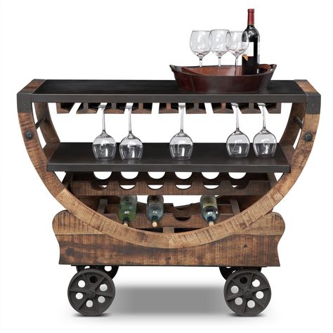 Whoa...happy hour just got MORE awesome!  Farrell Bar Cart | Value City Furniture Wine Cart, Diy Bar Cart, Bar Trolley, Wine Barrel Furniture, Gold Bar Cart, Stemware Rack, Bar Cart Styling, Portable Bar, Barrel Furniture