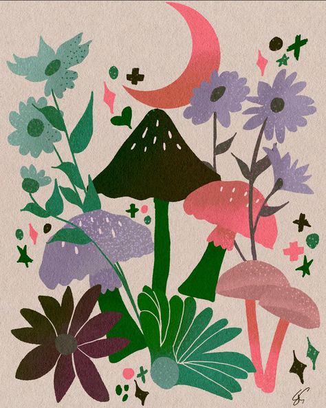 Procreate Flowers, Flowers And Mushrooms, Cat Coquillette, Print Inspiration, Learn How To Draw, Painted Stones, Funky Art, Learn To Draw, Flower Drawing