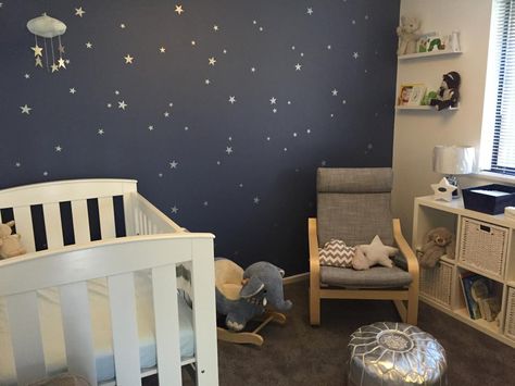 Project Nursery - Dark Blue and Silver Star Accent Wall in this Starry Nursery Star Accent Wall, Starry Nursery, Small Space Baby, Baby Boy Room Themes, Boy Room Themes, Baby Room Themes, Yellow Nursery, Baby Boy Room Nursery, Nursery Modern