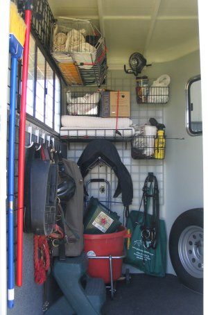 OMG!!! I have found the magic trick to organizing a horse trailer!!! It's this system!! And then it can pop out of the trailer and onto the stall wall at the horse show! This will be a MUST over the next couple of years when I'm planning to practically live in my horse trailer/truck. Horse Trailer Organization, Barn Organization, Tack Room Organization, Horse Tack Rooms, Horse Trailer Living Quarters, Trailer Organization, Trailer Storage, Horse Info, Horse Camp