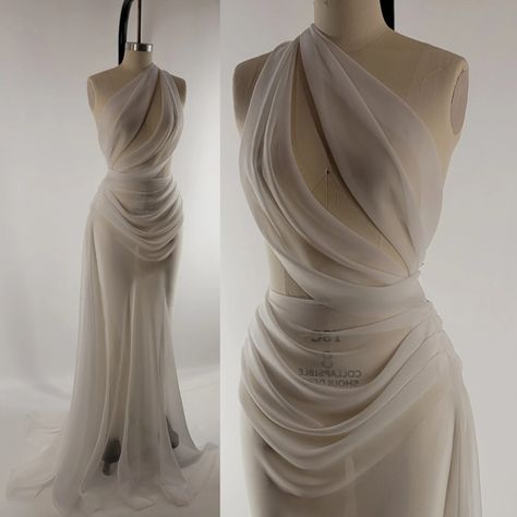 PRE-ORDER Handmade Draped off White Chiffon Sheer Mesh Wedding Reception Gown Dress Bridal - Etsy Mesh Corset Wedding Dress, Draped Chiffon Wedding Dress, White Draped Dress, Wedding Dress Draping, Draping Dress Ideas, White Ethereal Dress, Draping Wedding Dress, Draping Gown, Draping Dresses