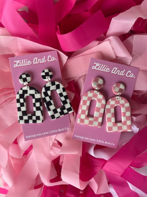 Barbie Earrings Clay, Checkered Earrings Clay, Barbie Clay Earrings, Retro Clay Earrings, Fun Clay Earrings, Funky Clay Earrings, Clay Earring Business, Checkered Earrings, Barbie Earrings