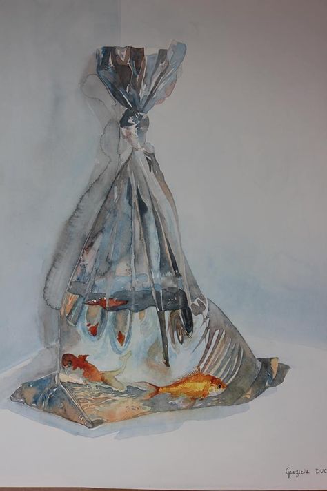 Goldfish Bag Drawing, Goldfish In A Bag Drawing, Fish In Bag Drawing, Fish In A Bag Drawing, Goldfish In Bag, Goldfish Bag, Goldfish In A Bag, Watercolor Still Life, Drawing Bag