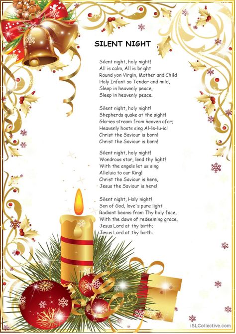 silent night: English ESL worksheets pdf & doc Silent Night Lyrics, Christmas Songs For Kids, Night Lyrics, Christmas Songs Lyrics, Creative Worksheets, Nights Lyrics, Christmas Lyrics, Christmas Pageant, How To Sing