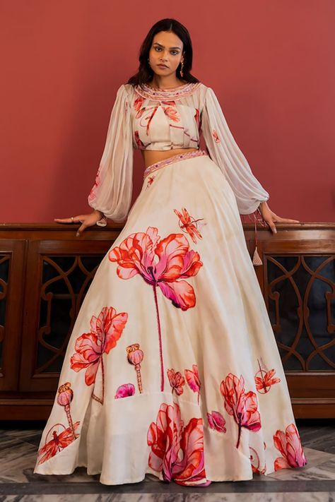 Buy Ivory Silk Georgette Embroidered Beads Round Floral Kurta And Pant Set For Women by Chandrima Online at Aza Fashions. Lehenga With Balloon Sleeves, Ballon Sleeves Blouse Indian Lehenga, Floral Lehanga Outfits, Ballon Sleeves Top, Long Sleeve Lehenga, White Printed Lehenga, Ballon Sleeve Dress, Balloon Sleeves Pattern, Embroidered Beads