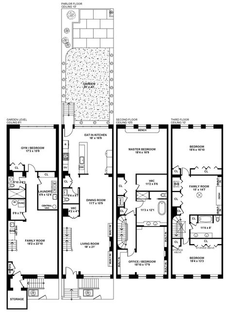 Nyc Townhouse Floor Plan, New York Brownstone Floor Plan, Brownstone Interiors Layout, Mixed Use Building Floor Plan, Warehouse Living Floor Plans, London Townhouse Floorplan, Townhouses Floor Plan, Town House Plans, Brownstone Interiors