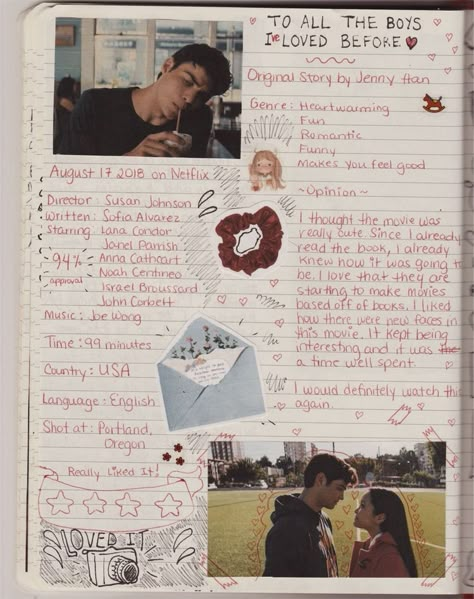 Film Journal Ideas, Movie Collage, All The Bright Places, Movie Journal, Lara Jean, Film Journal, Jenny Han, Bullet Journal Aesthetic, Art Journal Therapy