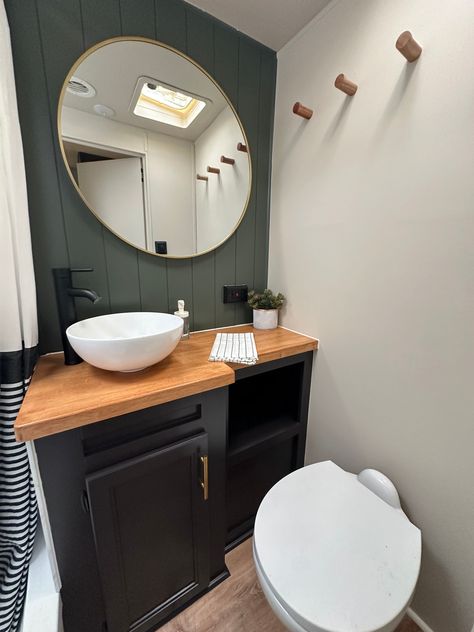 Wood planks and a rope show off a rustic style in this RV renovation, but the rectangular overmount sink gives it a modern edge. Bathroom Mirror Inspiration, Overmount Sink, Rv Sink, Contemporary Sink, Bathroom Vanity Faucets, Rv Bathroom, Rv Renovation, Mirror Makeover, Mirror Inspiration