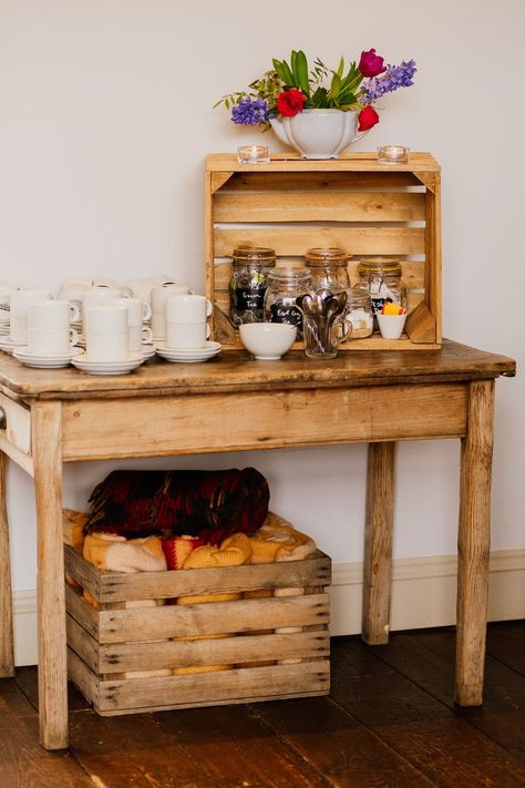 Tea and coffee station at a Chilli Barn Otley wedding. Photos by Jenna Kathleen Tea And Coffee Station Wedding, Wedding Tea Station, Tea Station Wedding, Tea Bar Wedding, Coffee Station Wedding, Tea And Coffee Station, Modern Barn Wedding, Coffee Bar Wedding, Intimate Wedding Venue