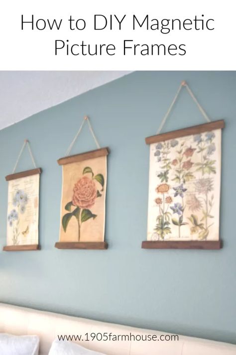 How to DIY a poster frame/picture frame using magnets and scrap wood trim to hang vintage prints or posters #1905farmhouse #diyproject #scrapwoodproject Diy Poster Frame, Using Scrap Wood, Diy Poster, Paint Sticks, Frame Picture, Hanging Picture Frames, Diy Picture Frames, Scrap Wood Projects, Poster Hanger