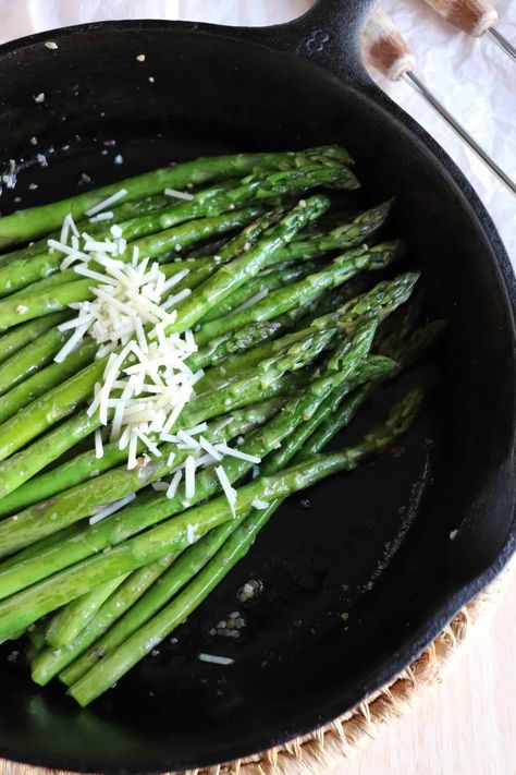 Skillet Asparagus Recipe Stove Top Asparagus, Asperigus Recipes Stove, Asparagus In Skillet, Skillet Asparagus, Parmesan Asparagus Skillet, Nachos Dip Recipe, Pan Fried Asparagus, How To Make Asparagus, Angus Steak