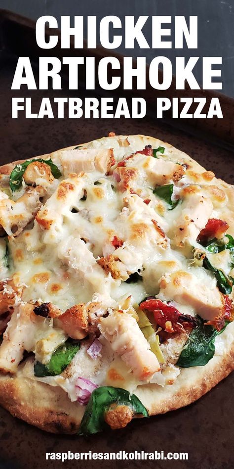 For this chicken artichoke pizza, I decided to add grilled chicken, fresh spinach, and marinated artichokes, and sun-dried tomatoes. Artichoke Flatbread Pizza, Chicken Artichoke Pizza, Flatbread Pizza Recipes Healthy, Artichoke Flatbread, Chicken Spinach Artichoke, Chicken Flatbread Recipes, Spinach Artichoke Pizza, Marinated Artichokes, Chicken Artichoke