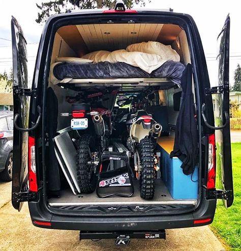 What Is a Moto Van? - Risk Racing Moto Van, Motorcycle Campers, Cargo Trailer Conversion, Van Conversion Interior, Motorcycle Trailer, Motorcycle Camping, Sprinter Camper, Campervan Life, Build A Camper Van