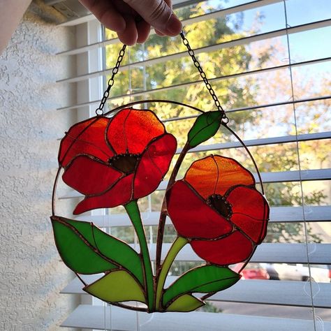 Stained Glass Poppies Pattern, Suncatchers Aesthetic, Stained Glass Poppy, Poppy Wedding, Hummingbird Suncatcher, Flower Poppy, Stained Glass Gifts, Wall Hanging Lights, California Poppies