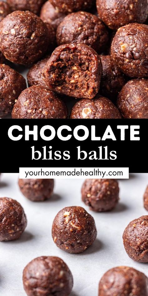 Chocolate bliss balls stacked on each other. One with a bite taken out. Chocolate Bliss Balls Healthy, Gluten Free Bliss Balls, Easy Bliss Balls, Chocolate Bliss Balls, Healthy Chocolate Balls, Healthy Chocolate Snacks Easy, Bliss Balls Recipe, Chocolate Oat Balls, Bliss Balls Healthy