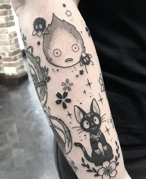 Unique Arm Tattoos For Women, Calcifer Tattoo, Tatuaje Studio Ghibli, Disney Childhood, Studio Ghibli Tattoo, Ghibli Tattoo, Kawaii Tattoo, Creepy Tattoos, Thigh Tattoos