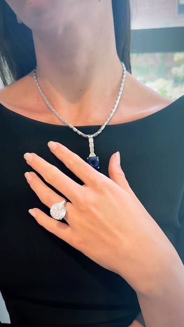 Sotheby's Jewels on Instagram: "Classics for a reason: Tiffany & Co.’s diamond and cushion-cut sapphire necklace paired here with a Harry Winston diamond ring. Zoom in on the ring to see the 15-carat round diamond flanked by a pair of tapered baguettes. Discover these and more in our Important Jewels sale at #SothebysNewYork before bidding closes 12 September. Link in bio for more. #SothebysJewels #TiffanyandCo #HarryWinston #diamond #diamondring #sapphire" Harry Winston Diamond, Harry Winston, Tiffany And Co, Sapphire Necklace, For A Reason, Cushion Cut, Tiffany & Co., Round Diamond, Round Diamonds