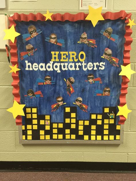 Superhero bulletin board preschool Hero Headquarters, Hero Bulletin Board, Bulletin Board Printables, Superhero Bulletin Boards, Superhero Preschool, Outdoor Birthday Decorations, Hero Classroom Theme, Superhero School, Superhero Classroom Theme